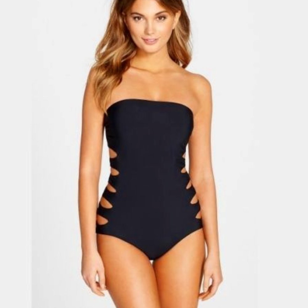 Red Carter Spice and Dice Cut Out Bandeau One-Piece Swim Suit New Sz. L 10 Black